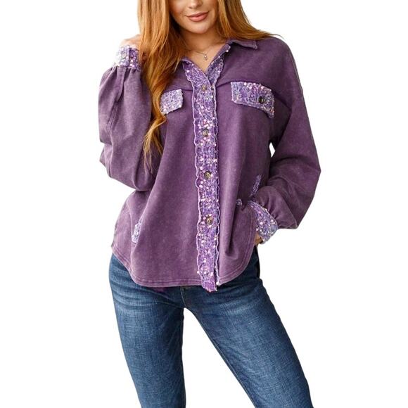 White Birch Purple Mineral Wash Velvet Trim Sequis Button Up Relaxed Shacket - Picture 3 of 16